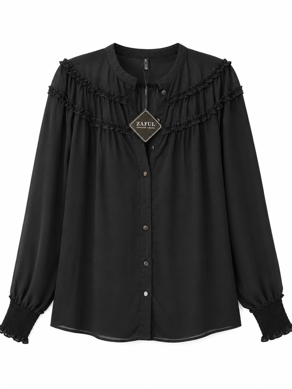 ZAFUL Black Ruffled Yoke Button-Down Blouse